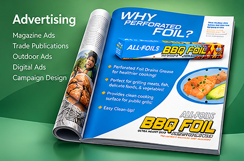 Magazine advertisement for All-Foils BBQ Foil featuring product packaging, promotional graphics, and print advertising design.