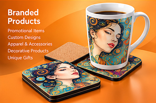 Custom-designed coffee mug and matching coasters featuring colorful illustrated artwork, demonstrating branded merchandise and promotional product design.