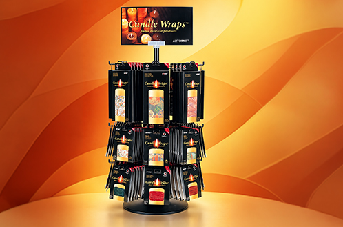 Custom retail point-of-purchase display for Candle Wraps, featuring branded product packaging, hanging merchandise, and promotional signage.