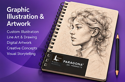Custom pencil portrait illustration of a woman in a spiral-bound sketchbook, showcasing graphic illustration and drawing by Paragona Art Products.