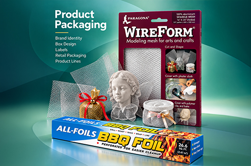 Paragona WireForm product packaging design for aluminum modeling mesh, featuring branded retail packaging, product demonstrations, and craft examples.
